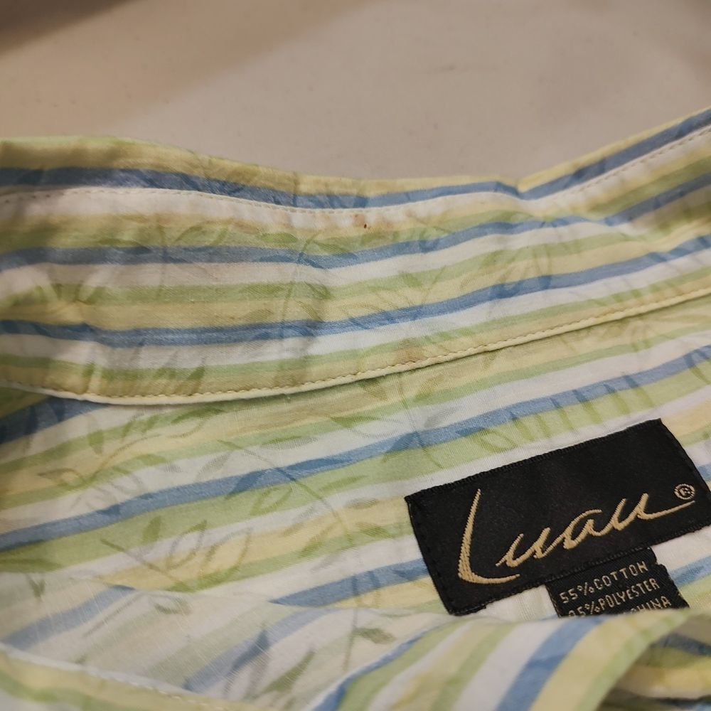 Luau Button Up Shirt Mens XL Striped Leaves Hawaiian Cruise Travel Lightweight - Picture 10 of 12
